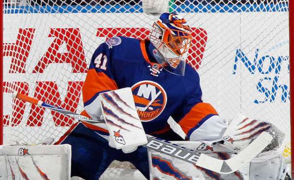 UNIONDALE, NY - NOVEMBER 24: Jaroslav Halak #41 of the New York Islanders makes the second period save against the Philadelphia Flyers at the Nassau Veterans Memorial Coliseum on November 24, 2014 in Uniondale, New York. (Photo by Bruce Bennett/Getty Images)